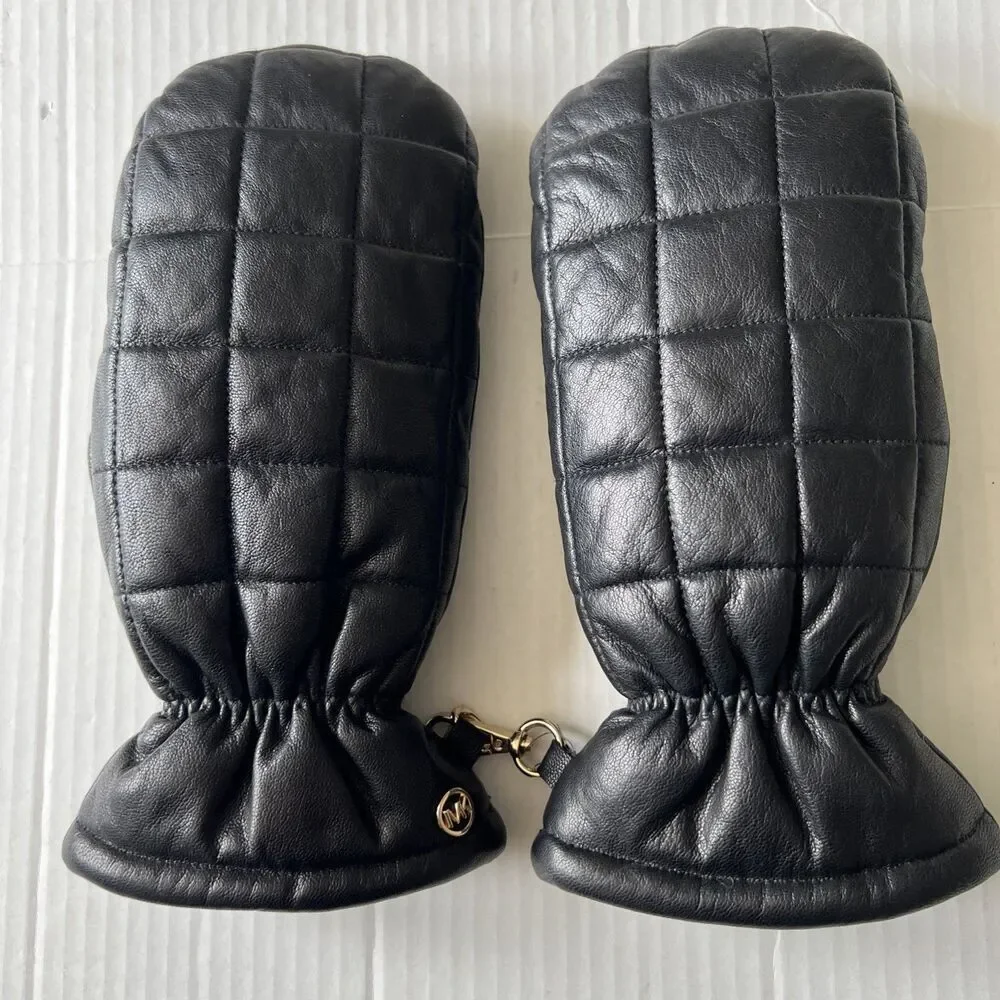 Michael Kors Sz M Black Quilted Leather Mittens Gloves EXELLENT